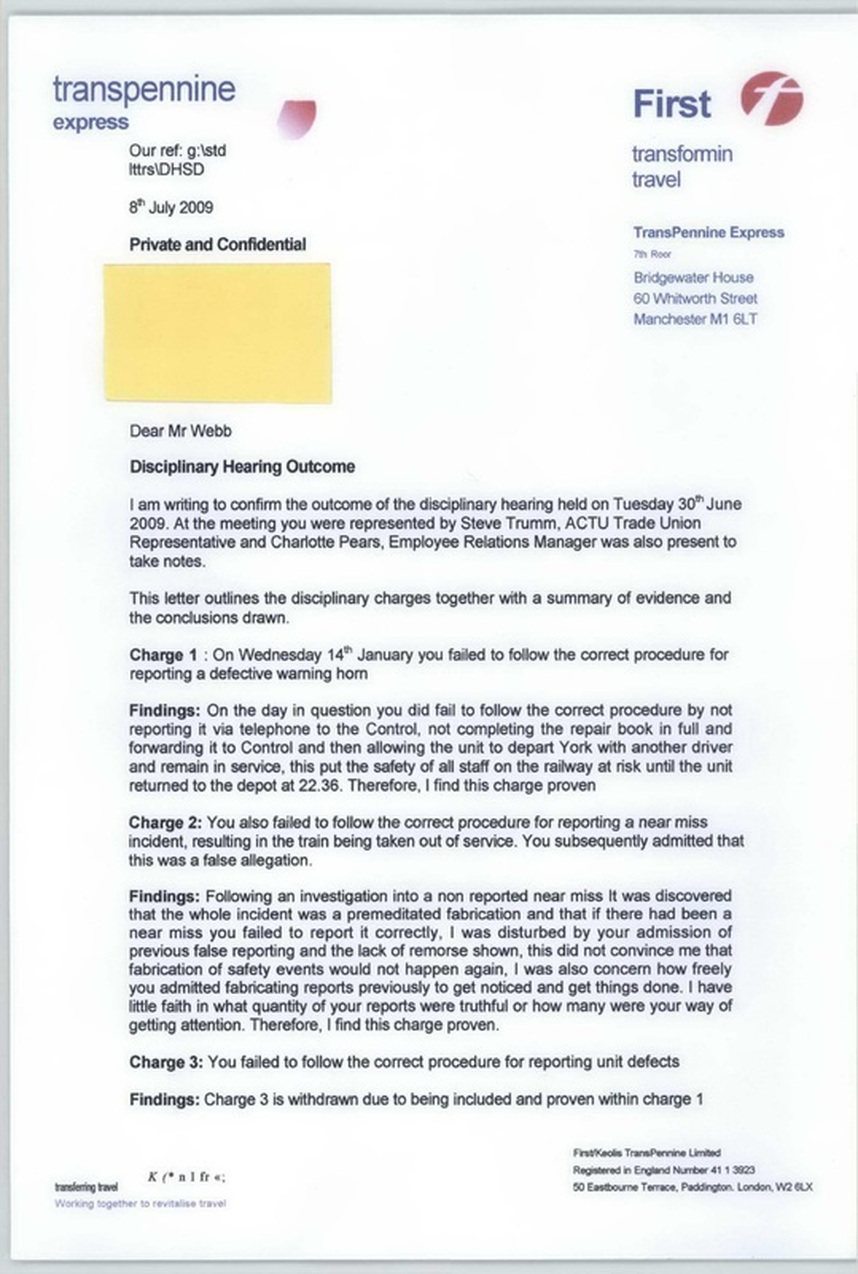 Disciplinary Hearing Outcome Letter - TransPennine Express Conspiracy Throughout Investigation Report Template Disciplinary Hearing